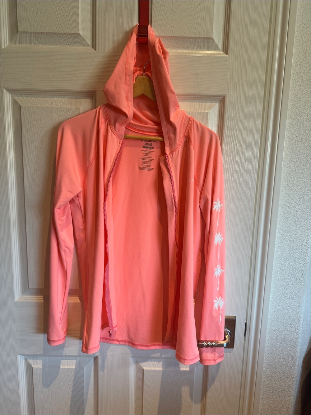 Coral Pink Hooded Zip-Up sun or swim Jacket with Palm Sleeve Detail